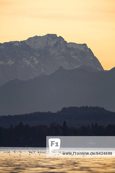 Abendstimmung mit Blick zur Zugspitze am Starnberger See  Bayern  Deutschland  Europa