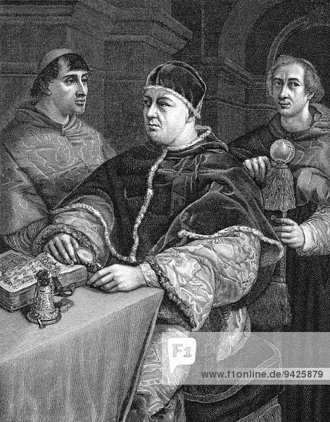 Pope Leo X  1475-1521  born Giovanni di Lorenzo de' Medici  Pope from 1513 to 1521  together with Giulio de? Medici and Luigi de? Rossi  historical illustration