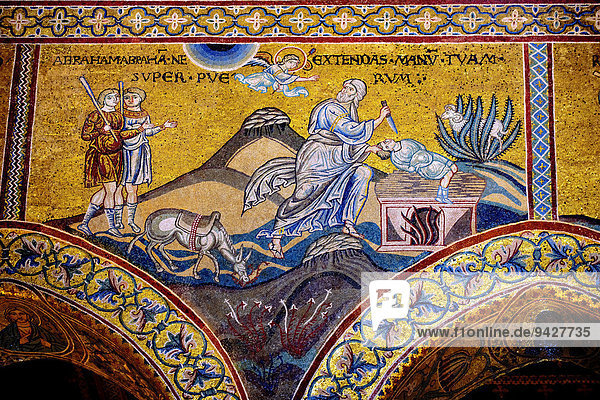 Byzantinischen Mosaiken der Opferung Isaaks in der Kathedrale von Monreale  Palermo  Sizilien  Italien