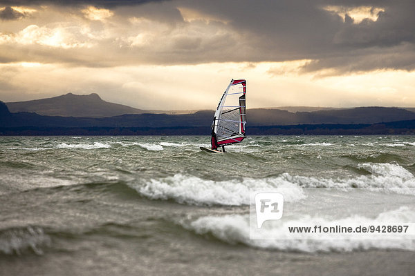 Surfer am Bodensee bei starkem Wind von der Insel Reichenau aus gesehen Baden-Württemberg Deutschland Europa