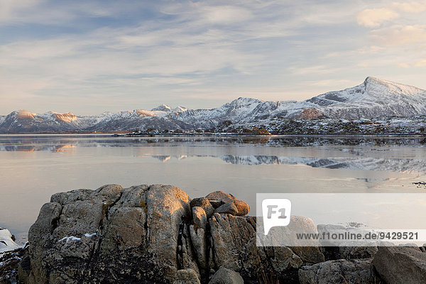 Fjord im Winterlicht auf den Lofoten in Norwegen  Europa