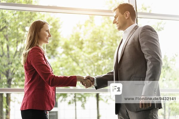 Geschäftsfrau und Geschäftsmann beim Händeschütteln