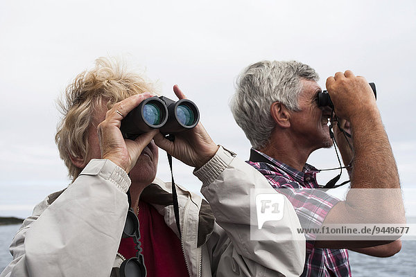 Couple  60-65 years  using binoculars  Northumberland  England  United Kingdom  Europe