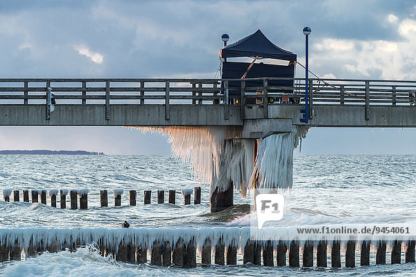 Seebrücke  mit Schnee bedeckte Wellenbrecher oder Buhnen  Eiszapfen  Abendlicht  Ostsee  Zingst  Halbinsel Fischland-Darß-Zingst  Mecklenburg-Vorpommern  Deutschland  Europa
