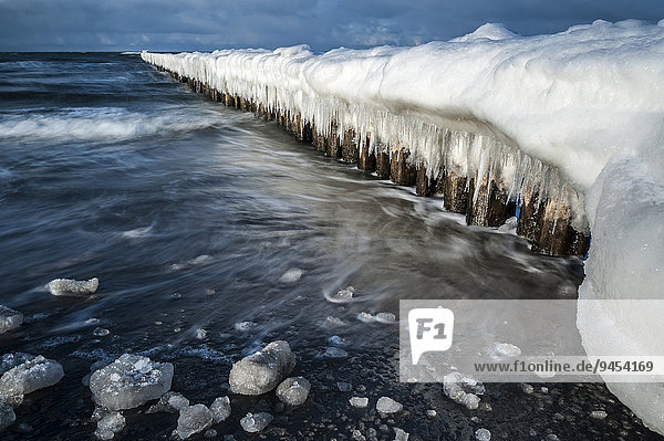 Mit Schnee und Eiszapfen bedeckte Wellenbrecher oder Buhnen  Ostsee  Zingst  Fischland-Darß-Zingst  Mecklenburg-Vorpommern  Deutschland  Europa