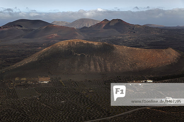 Ausblick von der Kette Montaña de Guardilama nach Nordwesten auf das Weinanbaugebiet La Geria und die Vulkanlandschaft mit den Vulkanbergen  Mitte Montana Diama  hinten Vulkanberge des Nationalparks Timanfaya  Lanzarote  Kanarische Inseln  Spanien  Europa