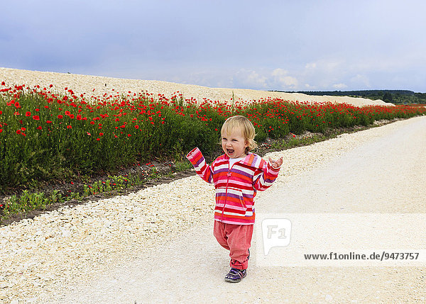 One-year girl on dirt road at Sontheim  Baden-Württemberg  Germany  Europe