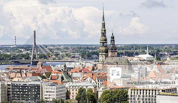 Historic centre with St. Peter's Church  Cathedral  Van?u-Bridge  Riga  Latvia  Europe