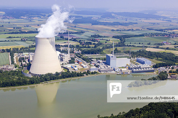 Aerial view  EON nuclear power plants Isar I and Isar II with reactor buildings and cooling tower on the Isar River  Essenbach  Bavaria  Germany  Europe