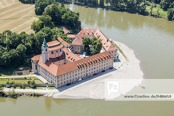 Aerial view  Weltenburg Benedictine Abbey  on the Danube  Kelheim  Bavaria  Germany  Europe