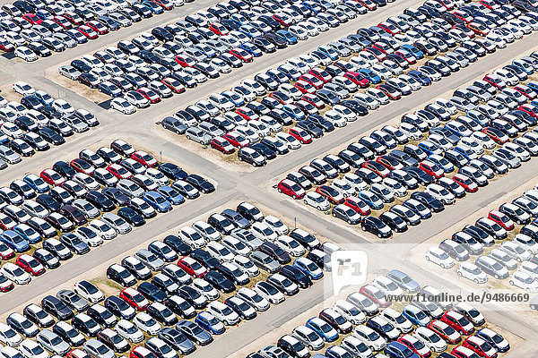 Aerial view  vehicle storage  parking area for vehicles  Kfz-Logistik  BLG Logistics Group at the Danube port  Kelheim  Bavaria  Germany  Europe