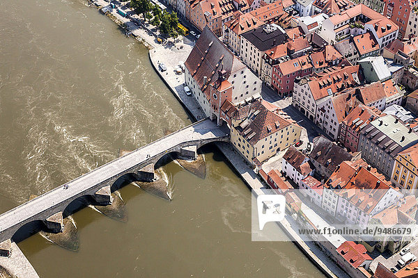 Aerial view  old town with the Steinernen Brücke bridge over the Danube  Brückentor Bridge Gate and the Salzstadl  Regensburg  Upper Palatinate  Bavaria  Germany  Europe