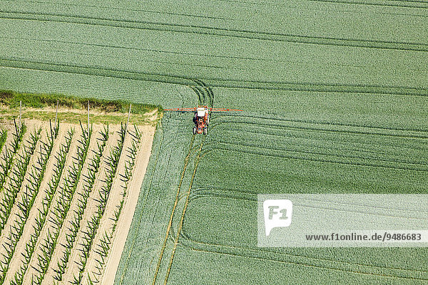 Aerial view  farmer in a tractor spraying a green wheat field  Landshut  Lower Bavaria  Bavaria  Germany  Europe