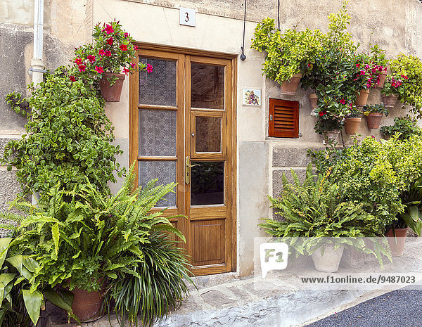 Entrance  surrounded by flowers and potted plants  Valldemossa  Majorca  Balearic Islands  Spain  Europe