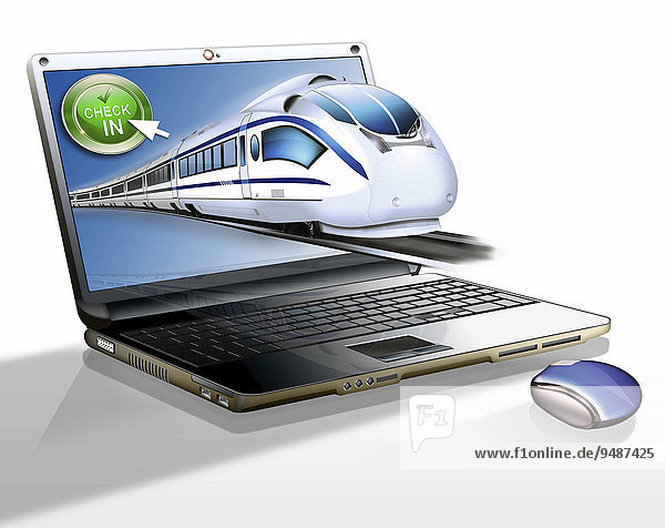 Laptop  mit Schnellzug  Online-Fahrkartenkauf  Illustration