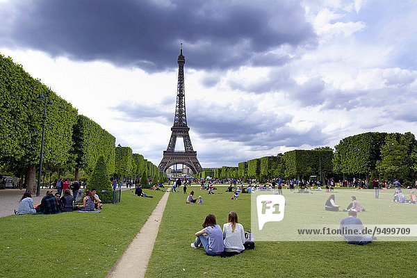 The Eiffel Tower and the Champ de Mars with tourists  Paris  France  Europe
