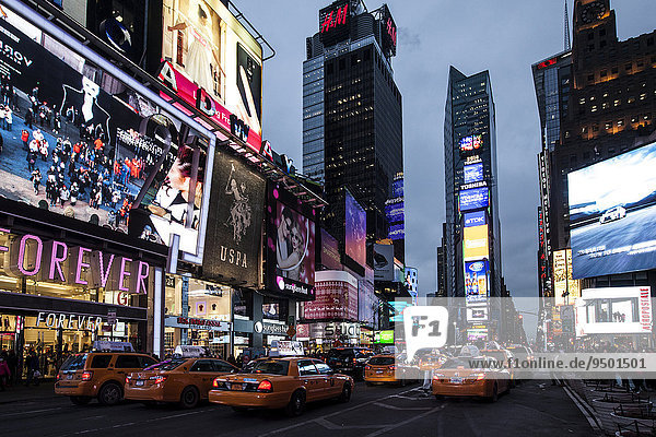 Yellow cabs in Times Square  junction of Broadway and Seventh Avenue  Manhattan  New York  United States  North America