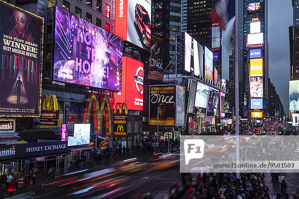 Traffic at rush hour in Times Square  junction of Broadway and Seventh Avenue  Manhattan  New York  United States  North America