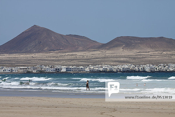 Beach Playa de Famara  views of La Caldera Calaeta and Trasera  Lanzarote  Canary Islands  Spain  Europe