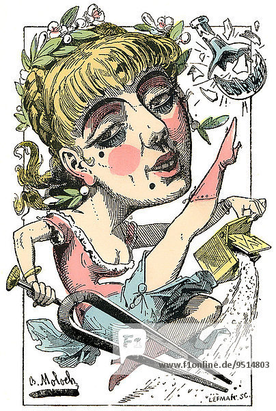 Operette  personifiziert als Zoe Operette  Karikatur  1882  von Alphonse Hector Colomb  Pseudonym B. Moloch  französischer Karikaturist