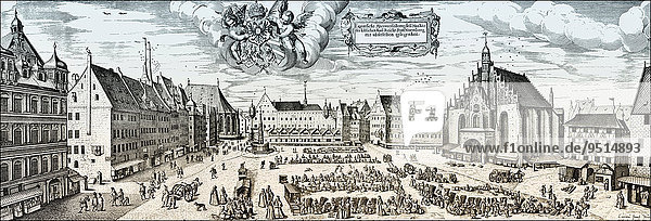 Mittelalterliche Stadtansicht von Nürnberg Hauptmarkt 16. Jahrhundert historische Illustration Bayern Deutschland Europa