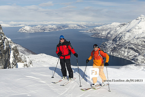 Ascent on skis to the Langlitinden  Island Andørja  Troms  Norway  Europe