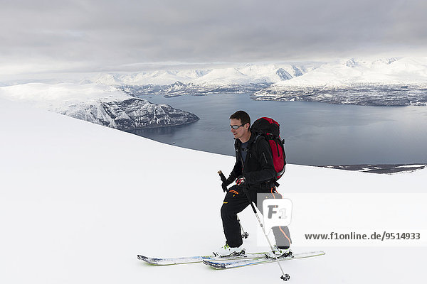 Ascent on skis to the Giilivarri  below the Lyngenfjord  Lyngsalpene  Lyngen  Troms  Norway  Europe