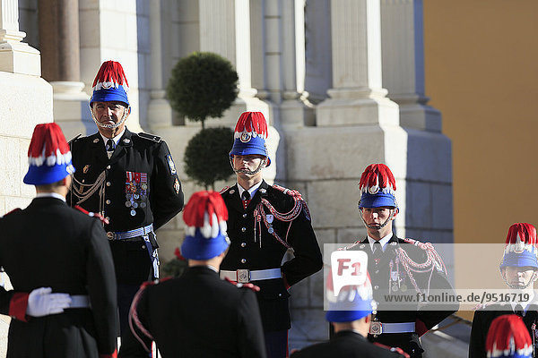 Bodyguard of the Prince in front of the cathedral on Fête du Prince national holiday  Principality of Monaco