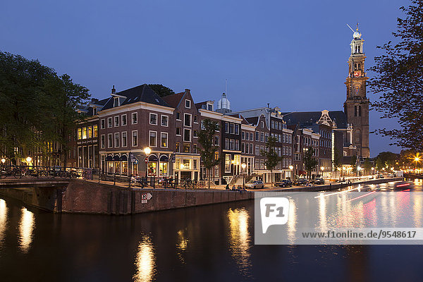 Netherlands  Amsterdam  Prince's Canal  Church tower in the evening