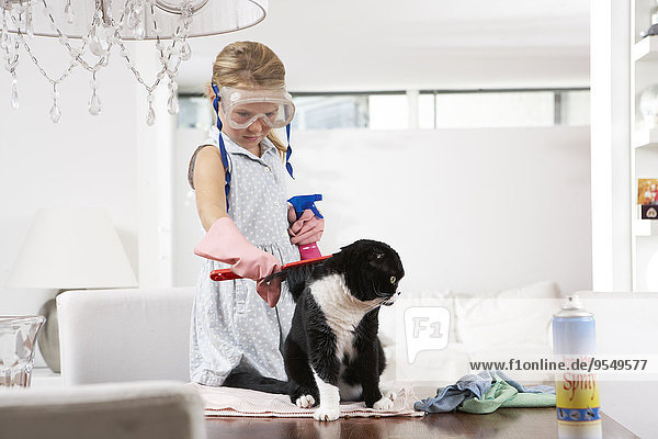 Girl with diving goggles cleaning cat on dining table