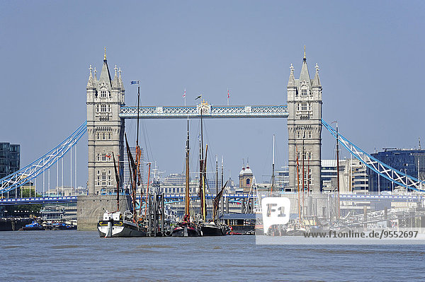 UK  London  historic sailing ships on the River Thames and Tower Bridge