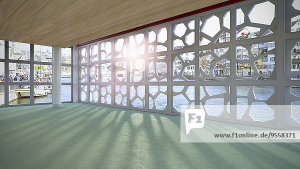 Foyer mit Säule  grünem Betonboden und Holzdecke  3D-Rendering