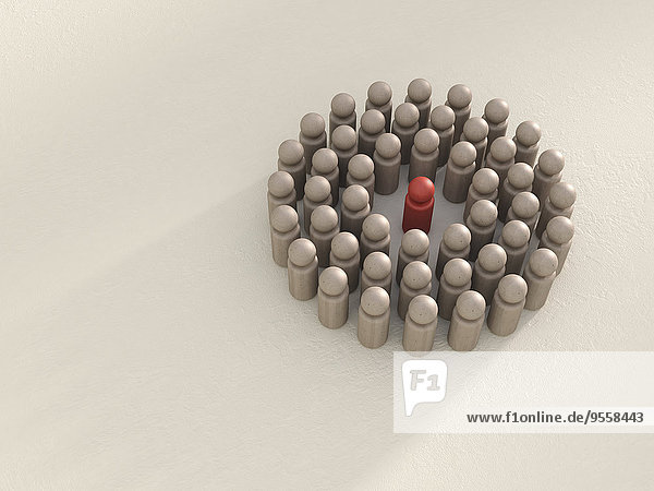 3D-Rendering einer Gruppe von Spielfiguren  die rote Spielfiguren umkreisen.