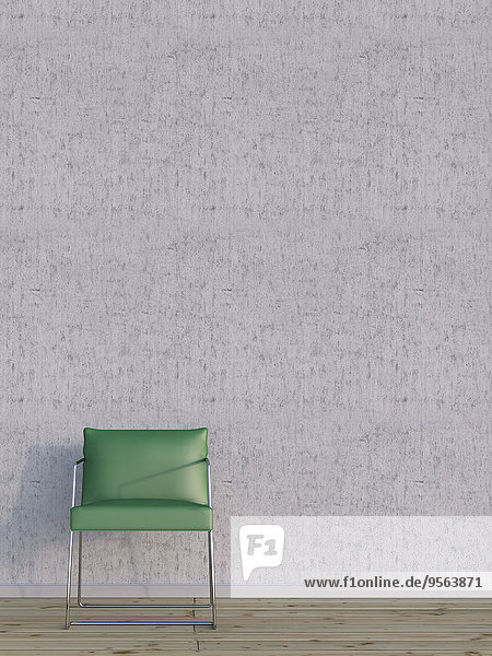 Digital Illustration of Green Chair on Hardwood Floor in front of Concrete Wall