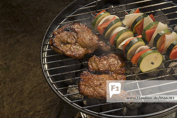 Steak and vegetable skewers on barbeque grill