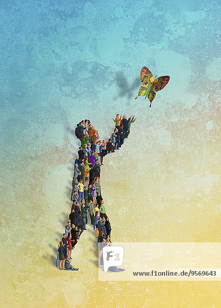 Menschengruppe in Form eines Mannes lässt Leiterplatte in Form eines Schmetterlings frei
