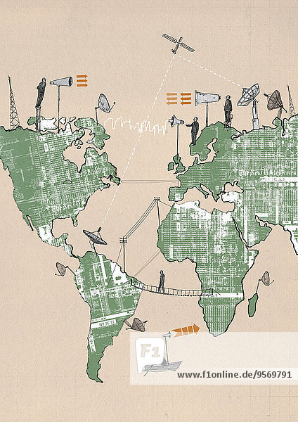 Geschäftsmänner auf einer Weltkarte benutzen globale Kommunikationsmittel