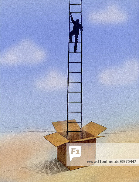 Geschäftsmann steigt aus Karton auf eine Leiter