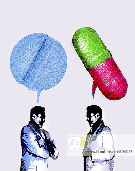Zwei Ärzte mit Sprechblasen in Kapsel- und Tablettenform