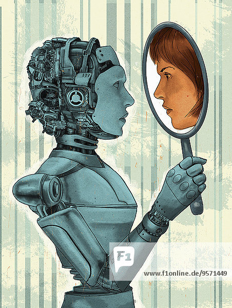 Weiblicher Roboter mit dem Spiegelbild einer Frau