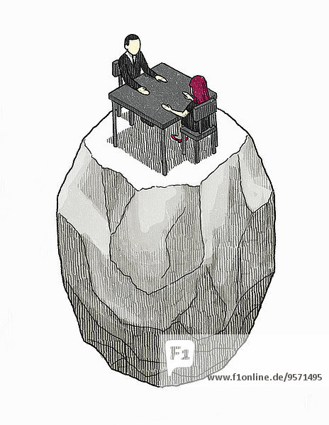 Mann und Frau sitzen isoliert auf einem Felsen