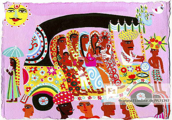 Frauen und Kinder reisen in exotischer Auto-Rikscha