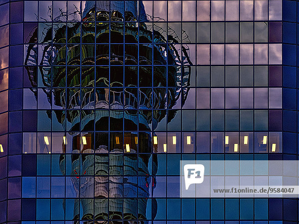 Skytower reflected in skyscraper windows  Auckland  Auckland  New Zealand