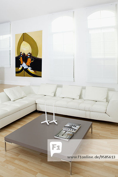 Coffee table  sofas and wall art in modern living room