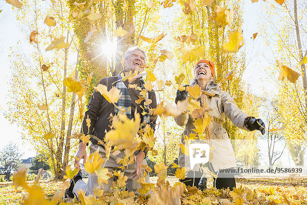 Older Caucasian couple playing in autumn leaves