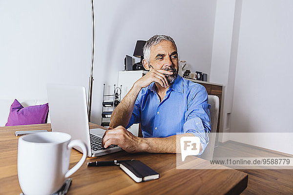 Pensive businessman working with laptop at home office