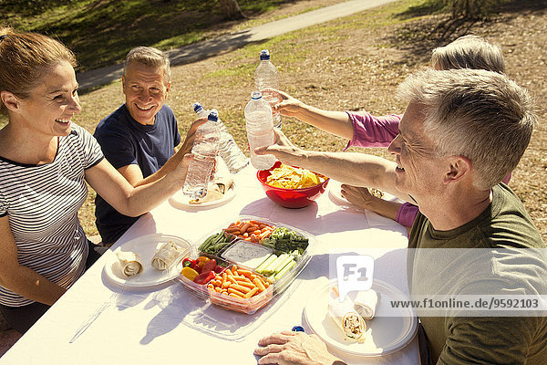 Four mature adult friends raising a toast with water bottles in park