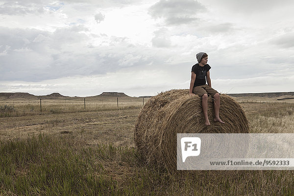 Jugendlicher Junge auf Heuhaufen im Feld  South Dakota  USA