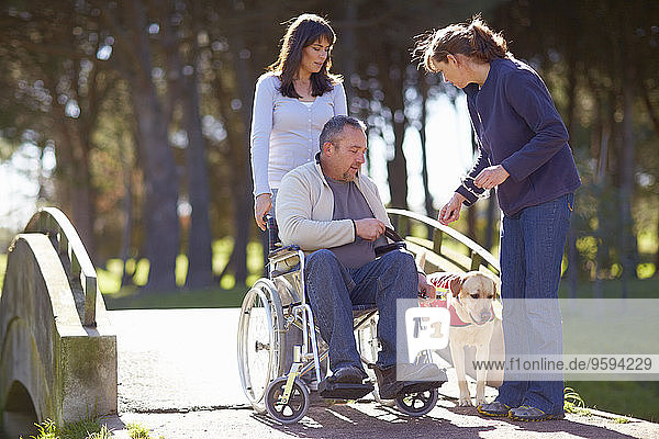 Mann im Rollstuhl mit zwei Frauen und Hund im Park