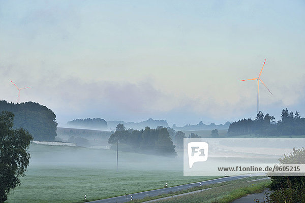 Scenic view of foggy farmland in the morning with wind turbine in background  Upper Palatinate  Bavaria  Germany